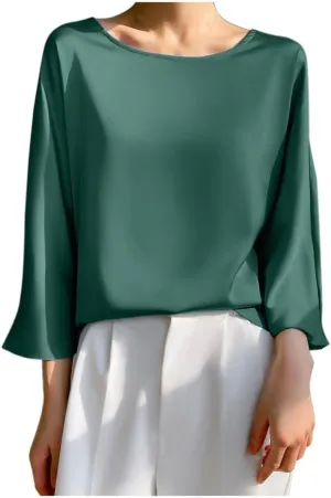 Summer 3/4 Sleeve Tops for Women Round Neck Loose T Shirt Draping Silk Smooth Satin Shirt Tees Dressy Business Blouse