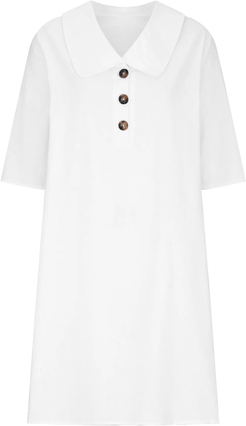 Summer Cotton Linen T Shirt Dress for Women Lapel V Neck Button Down Solid Color Casual Knee Length Dress Trendy