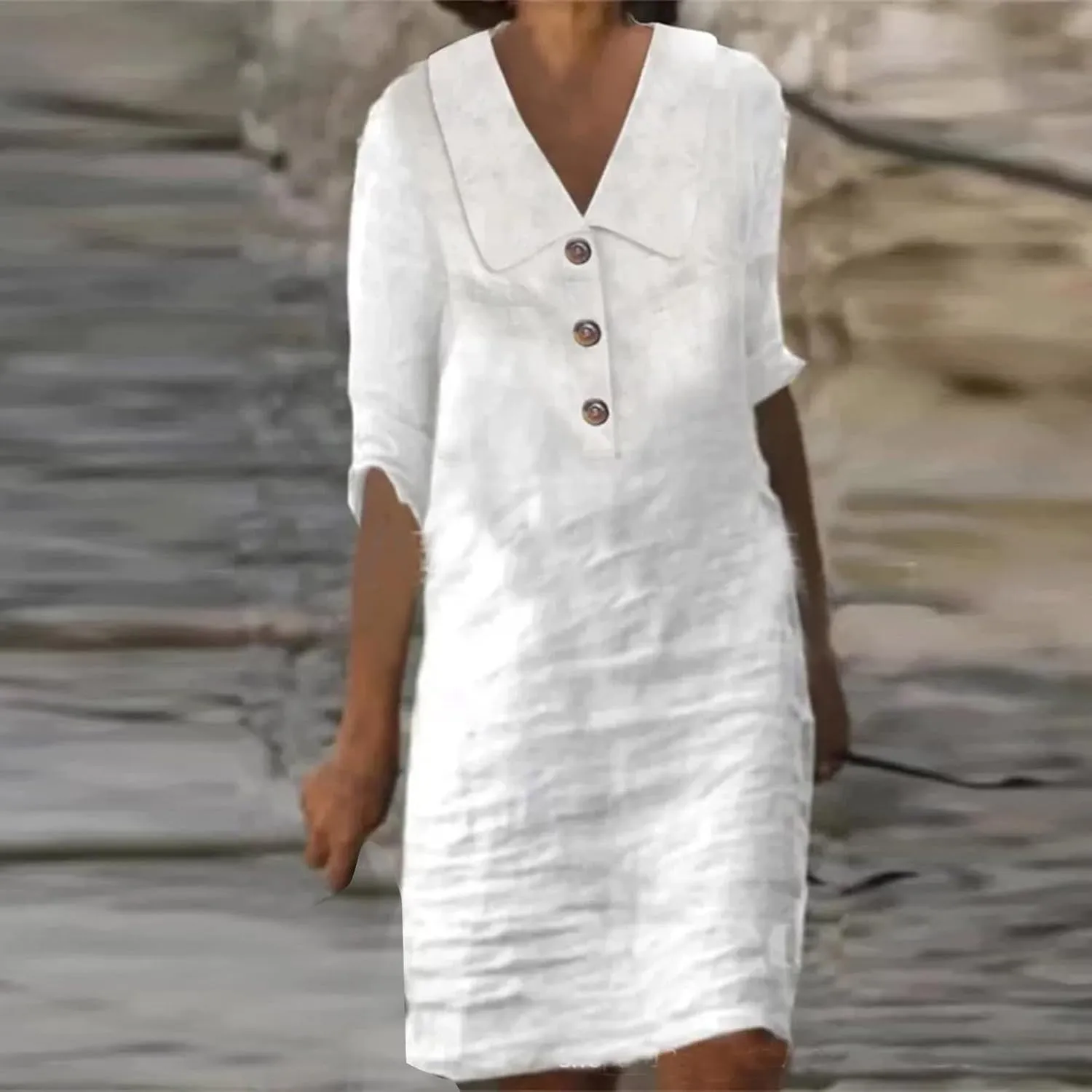 Summer Cotton Linen T Shirt Dress for Women Lapel V Neck Button Down Solid Color Casual Knee Length Dress Trendy