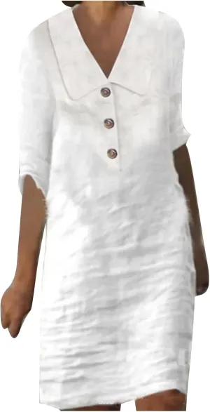 Summer Cotton Linen T Shirt Dress for Women Lapel V Neck Button Down Solid Color Casual Knee Length Dress Trendy