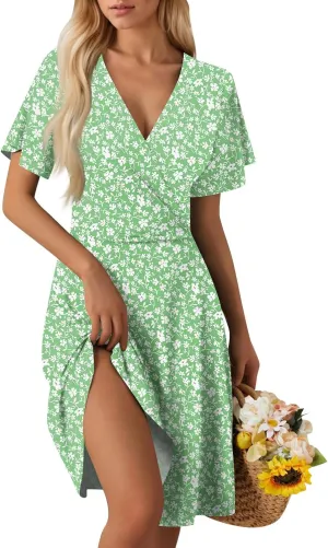 Summer Dresses for Women 2025 Midi Floral Print Classy Deep V Neck Fashion Short Sleeve Knee Length Dress