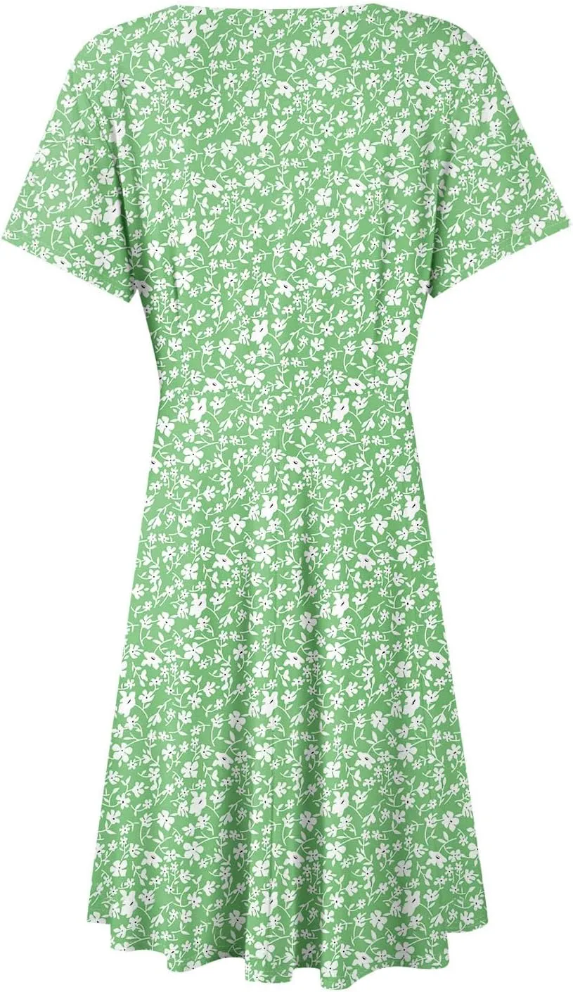 Summer Dresses for Women 2025 Midi Floral Print Classy Deep V Neck Fashion Short Sleeve Knee Length Dress