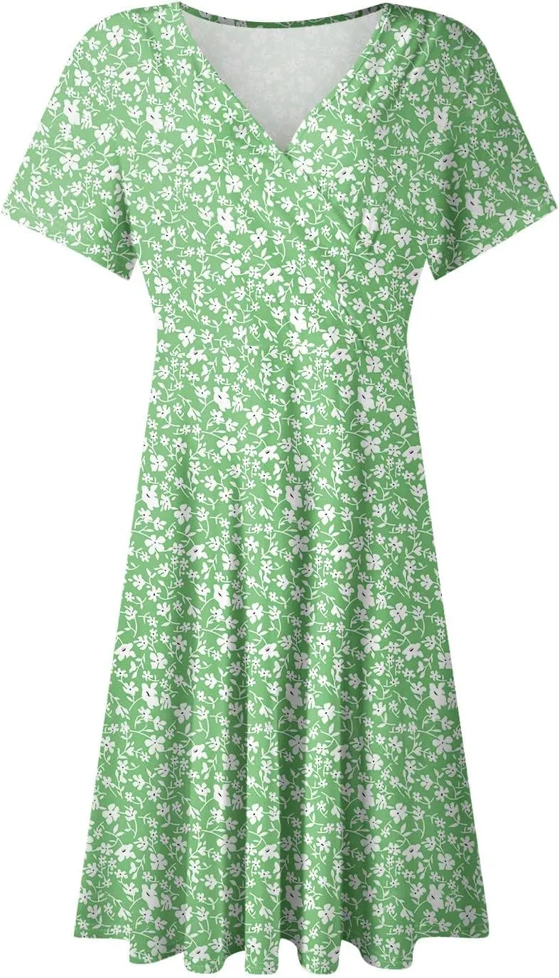 Summer Dresses for Women 2025 Midi Floral Print Classy Deep V Neck Fashion Short Sleeve Knee Length Dress