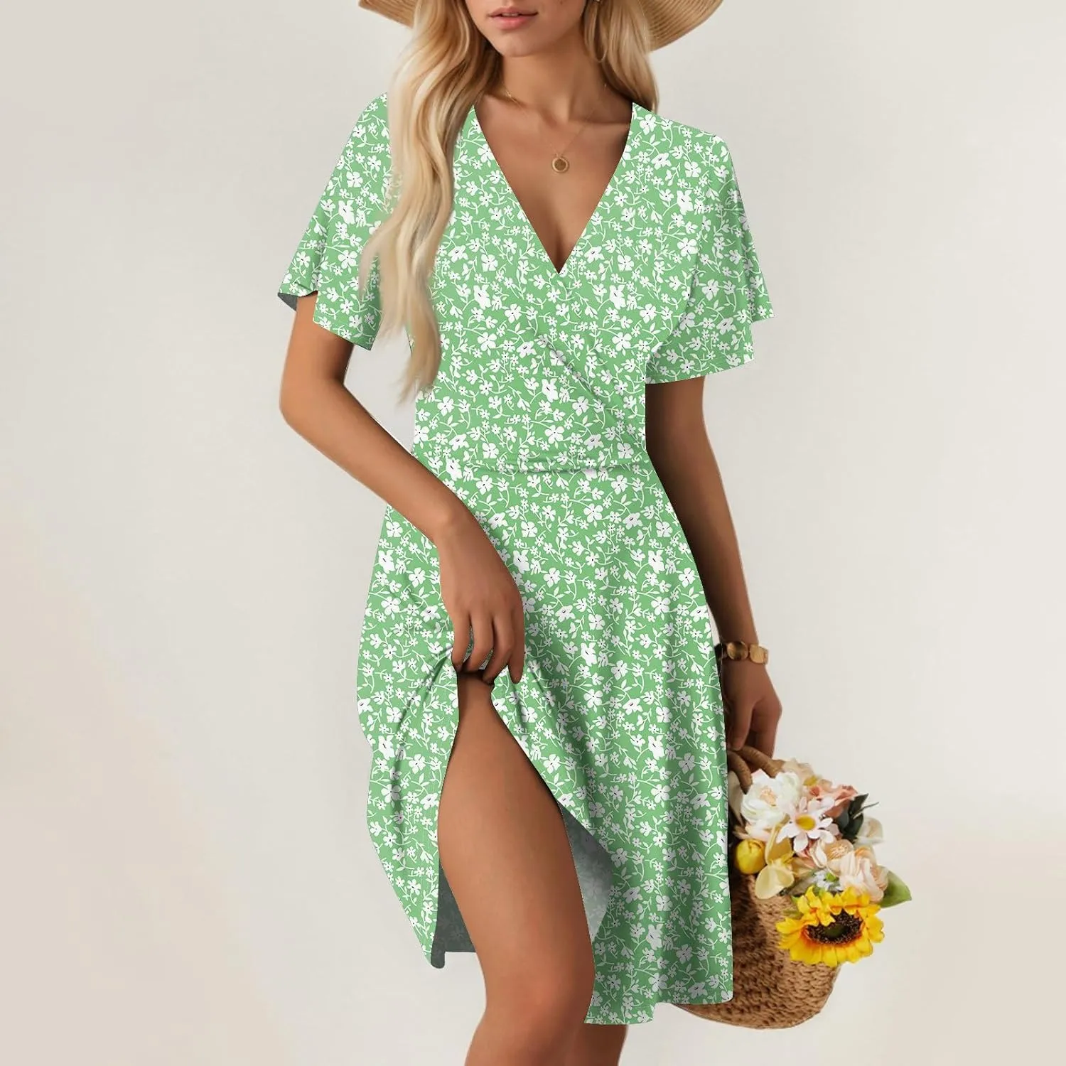 Summer Dresses for Women 2025 Midi Floral Print Classy Deep V Neck Fashion Short Sleeve Knee Length Dress