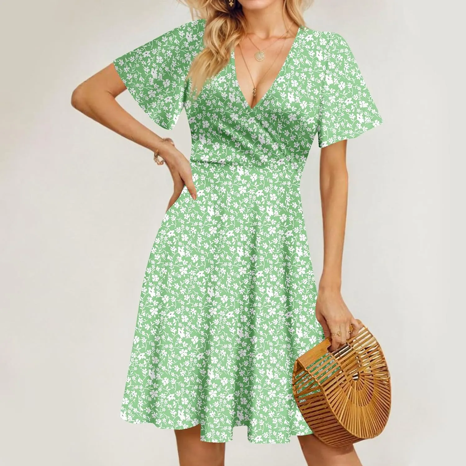 Summer Dresses for Women 2025 Midi Floral Print Classy Deep V Neck Fashion Short Sleeve Knee Length Dress