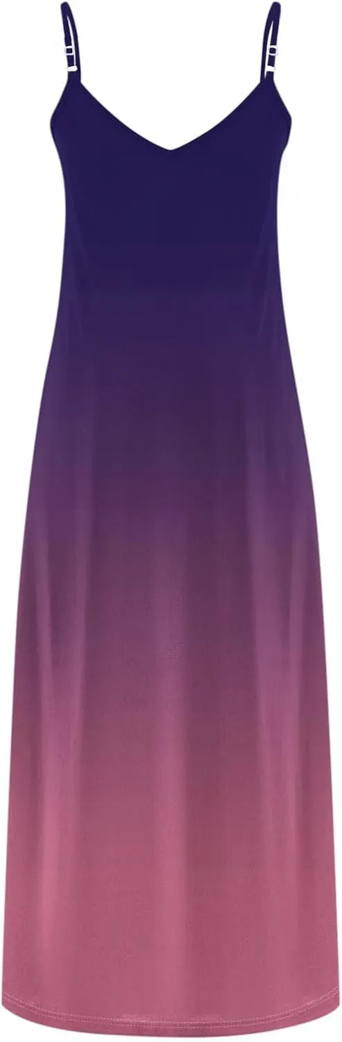 Summer Dresses for Women Vacation Slip Dress Gradient Boho Maxi Sleeveless Dresses Casual V Neck Beach Sundresses