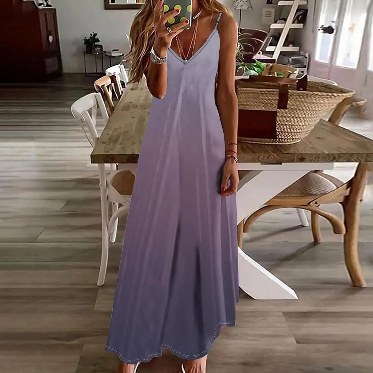 Summer Dresses for Women Vacation Slip Dress Gradient Boho Maxi Sleeveless Dresses Casual V Neck Beach Sundresses