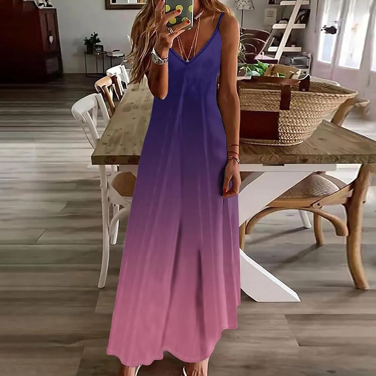 Summer Dresses for Women Vacation Slip Dress Gradient Boho Maxi Sleeveless Dresses Casual V Neck Beach Sundresses