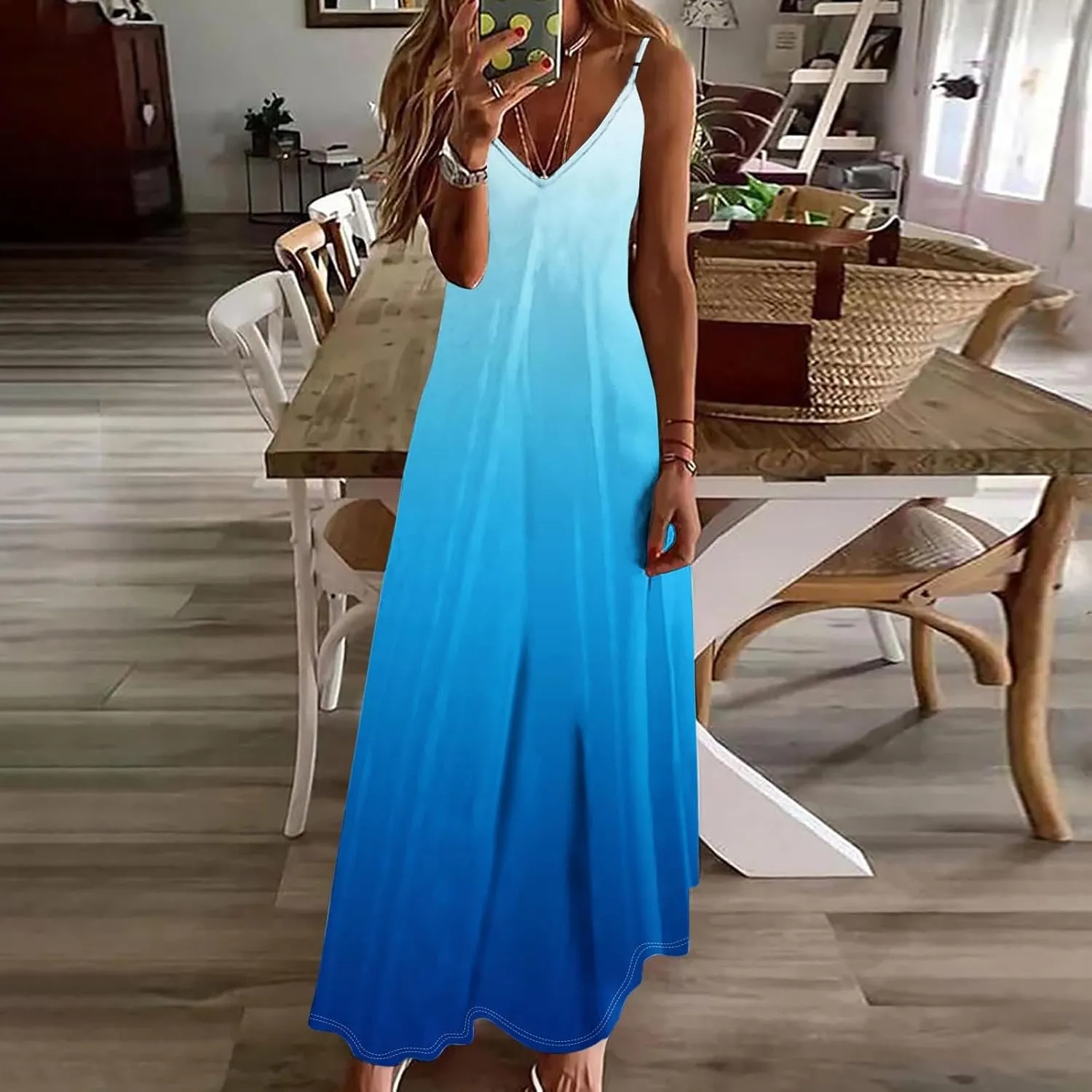 Summer Dresses for Women Vacation Slip Dress Gradient Boho Maxi Sleeveless Dresses Casual V Neck Beach Sundresses