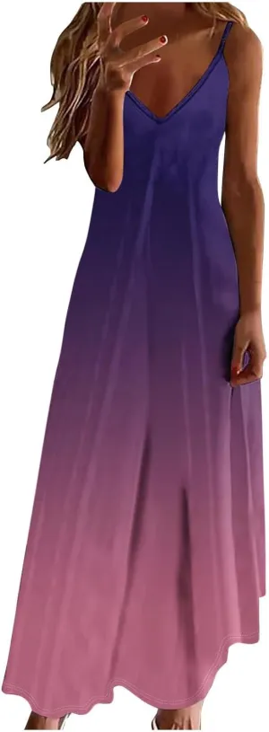 Summer Dresses for Women Vacation Slip Dress Gradient Boho Maxi Sleeveless Dresses Casual V Neck Beach Sundresses