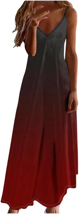 Summer Dresses for Women Vacation Slip Dress Gradient Boho Maxi Sleeveless Dresses Casual V Neck Beach Sundresses