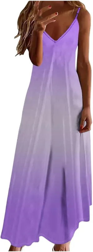 Summer Dresses for Women Vacation Slip Dress Gradient Boho Maxi Sleeveless Dresses Casual V Neck Beach Sundresses
