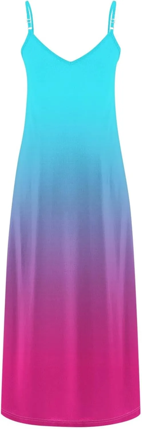 Summer Dresses for Women Vacation Slip Dress Gradient Boho Maxi Sleeveless Dresses Casual V Neck Beach Sundresses