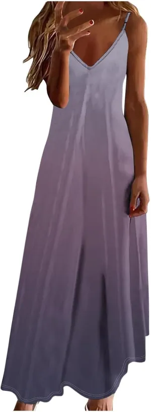 Summer Dresses for Women Vacation Slip Dress Gradient Boho Maxi Sleeveless Dresses Casual V Neck Beach Sundresses