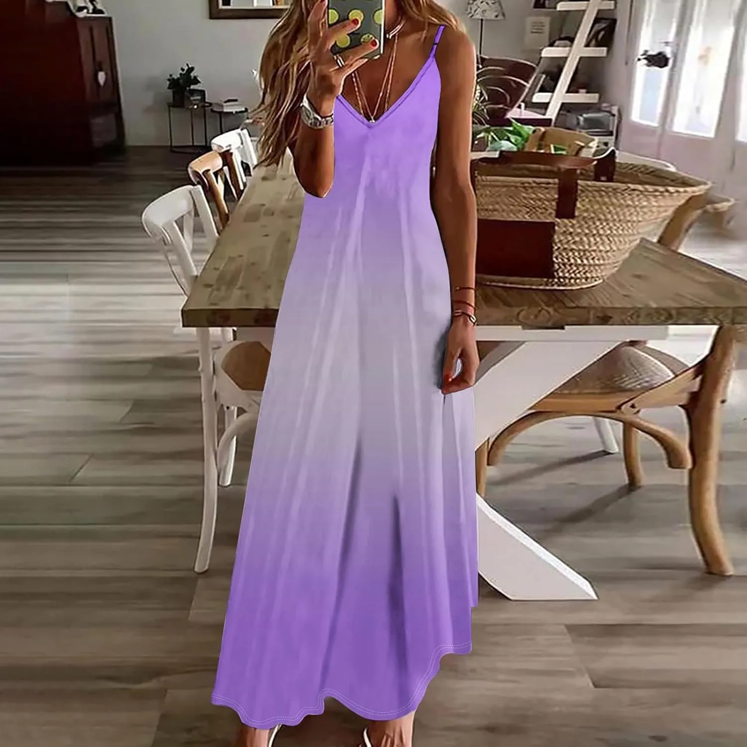 Summer Dresses for Women Vacation Slip Dress Gradient Boho Maxi Sleeveless Dresses Casual V Neck Beach Sundresses