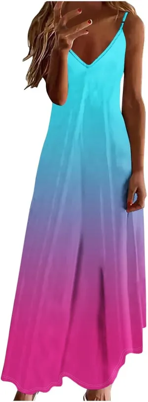 Summer Dresses for Women Vacation Slip Dress Gradient Boho Maxi Sleeveless Dresses Casual V Neck Beach Sundresses