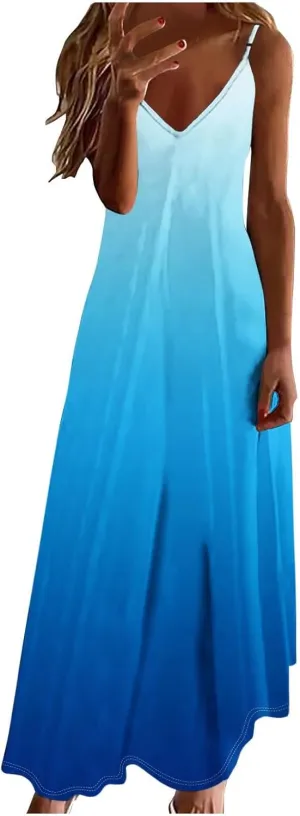 Summer Dresses for Women Vacation Slip Dress Gradient Boho Maxi Sleeveless Dresses Casual V Neck Beach Sundresses