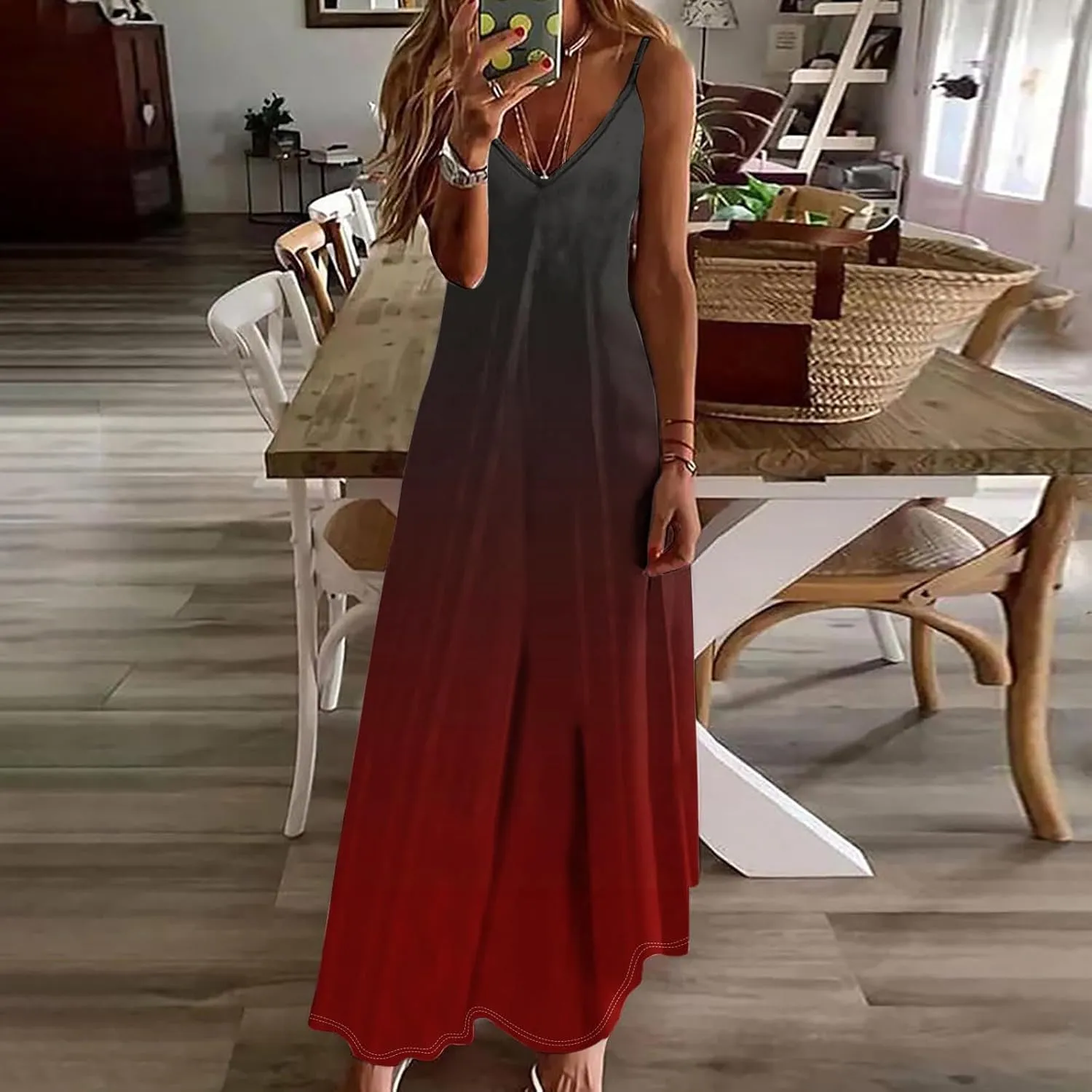 Summer Dresses for Women Vacation Slip Dress Gradient Boho Maxi Sleeveless Dresses Casual V Neck Beach Sundresses