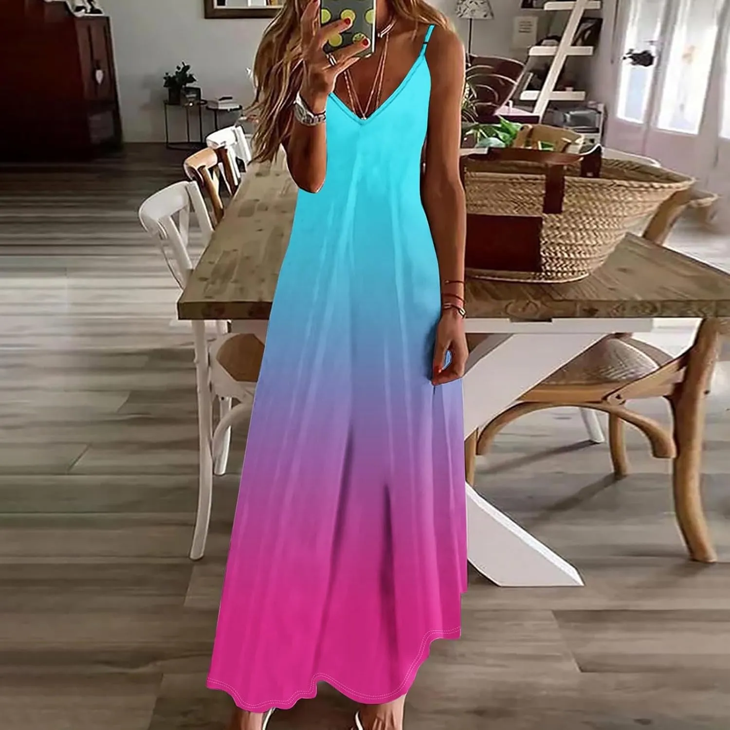 Summer Dresses for Women Vacation Slip Dress Gradient Boho Maxi Sleeveless Dresses Casual V Neck Beach Sundresses