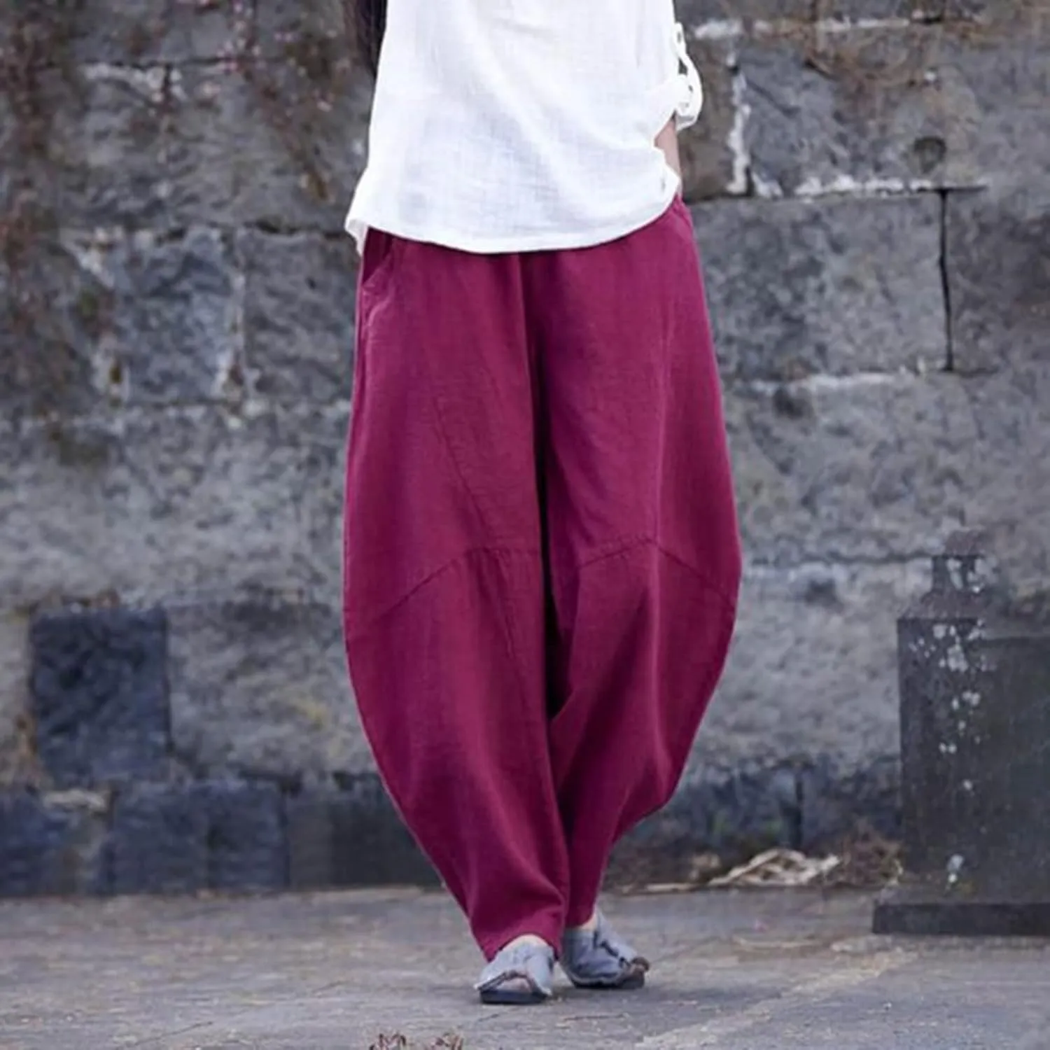 Summer Linen Harem Pants Womens Baggy Drop Crotch Boho Wide Leg Lantern Trousers Aladdin Bohemian Beach Yoga Pants