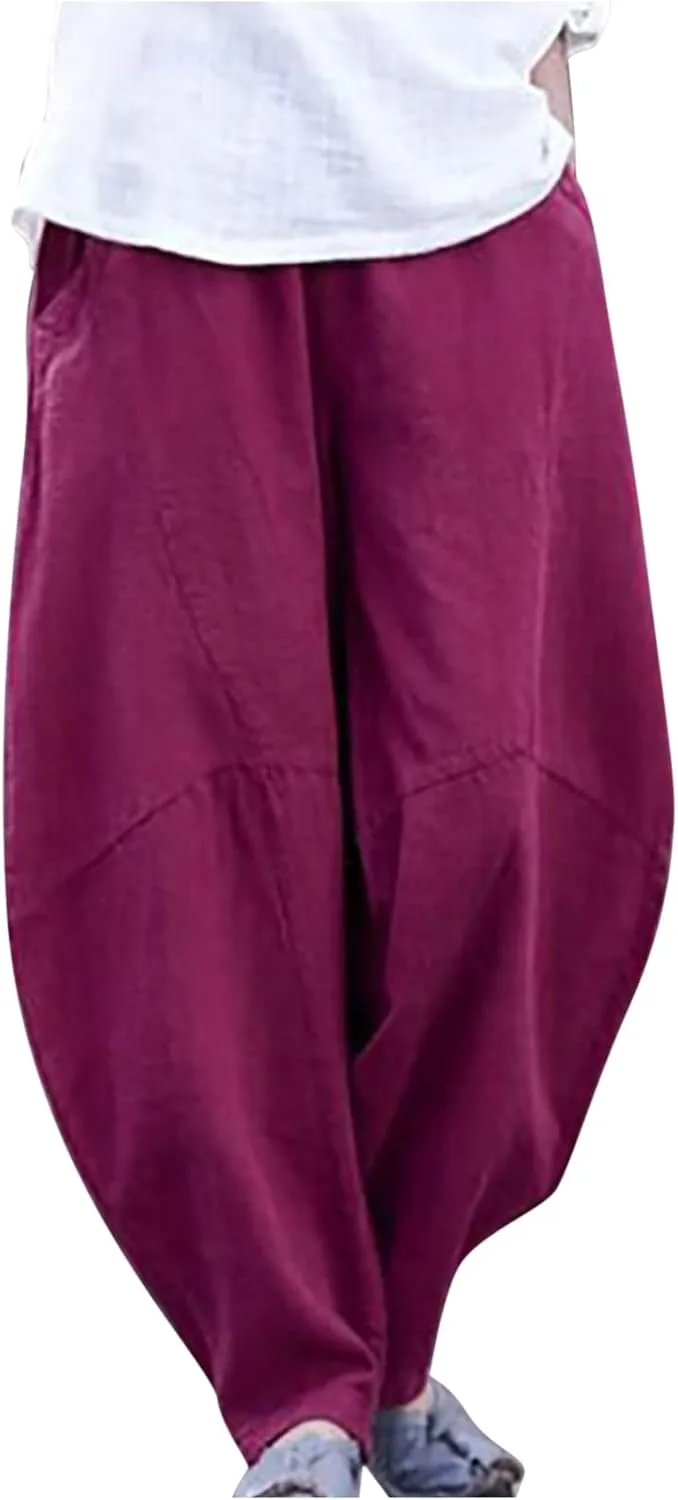 Summer Linen Harem Pants Womens Baggy Drop Crotch Boho Wide Leg Lantern Trousers Aladdin Bohemian Beach Yoga Pants