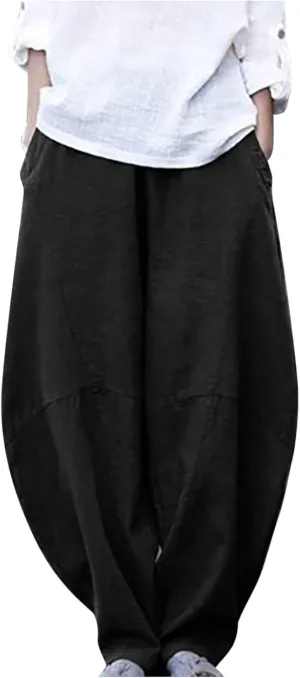 Summer Linen Harem Pants Womens Baggy Drop Crotch Boho Wide Leg Lantern Trousers Aladdin Bohemian Beach Yoga Pants