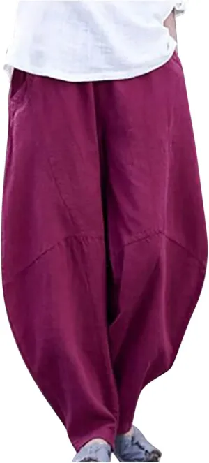 Summer Linen Harem Pants Womens Baggy Drop Crotch Boho Wide Leg Lantern Trousers Aladdin Bohemian Beach Yoga Pants