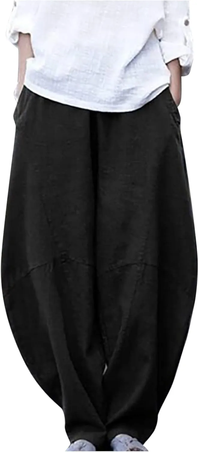 Summer Linen Harem Pants Womens Baggy Drop Crotch Boho Wide Leg Lantern Trousers Aladdin Bohemian Beach Yoga Pants