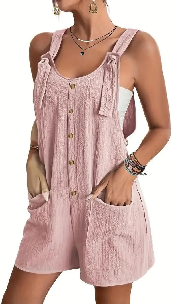 Summer Rompers for Women 2025 Casual Loose Short Overalls Adjustable Shoulder Straps Shorts Overall with Pockets