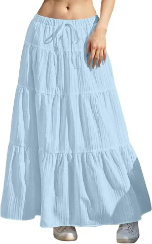 Summer Skirts for Women Y2K Cute A Line Tiered Ruffle Skirt Boho Drawstring Elastic Waist A-Line Maxi Skirt