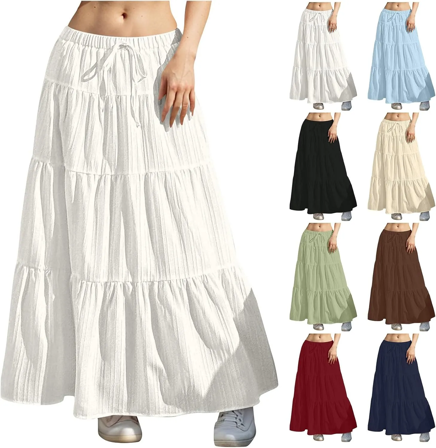 Summer Skirts for Women Y2K Cute A Line Tiered Ruffle Skirt Boho Drawstring Elastic Waist A-Line Maxi Skirt