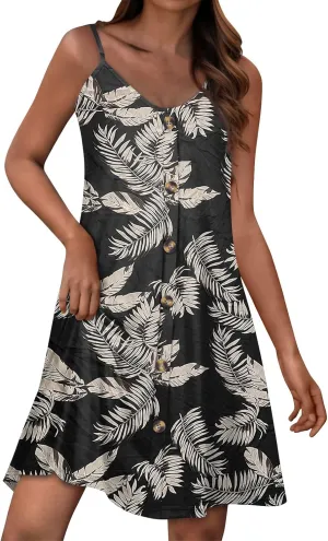 Sundresses for Women Spaghetti Strap Button Down Sleeveless Boho Floral Summer Dress Casual Beach Wear Swim Cover Ups