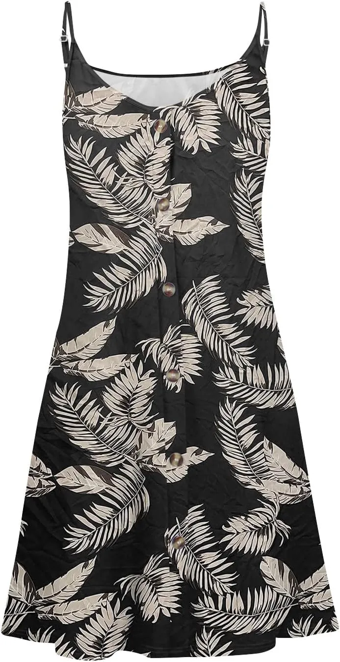 Sundresses for Women Spaghetti Strap Button Down Sleeveless Boho Floral Summer Dress Casual Beach Wear Swim Cover Ups