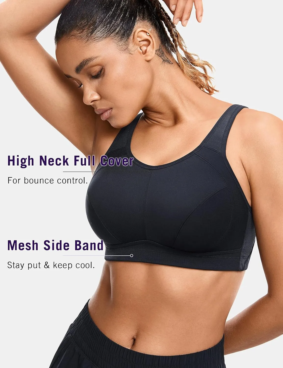 SYROKAN Plus Size Sports Bras for Women High Support Full Coverage High Neck No Padded Wireless Bra