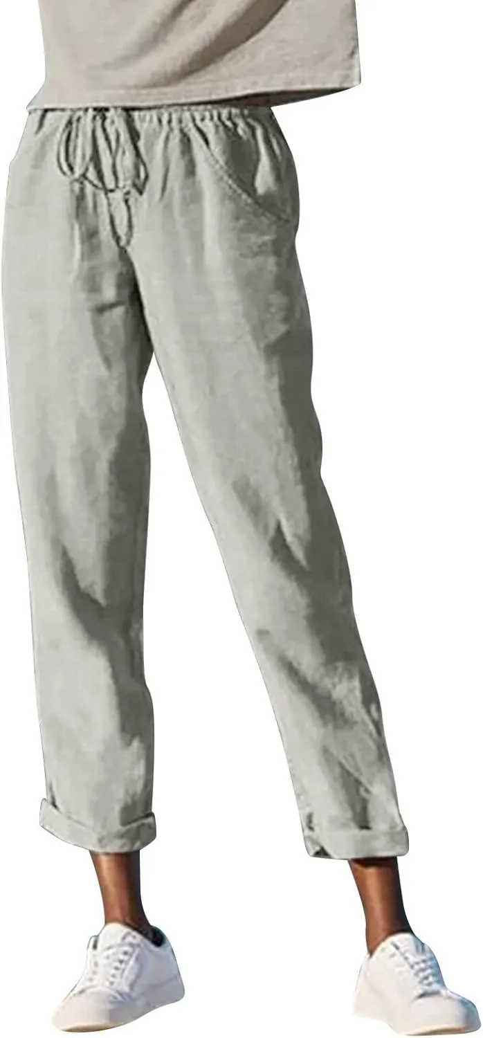 Trendy Solid Pockets Cotton Linen Pants for Women Regular Fit Drawstring Stretch Waistband Straight Leg Comfy Trousers