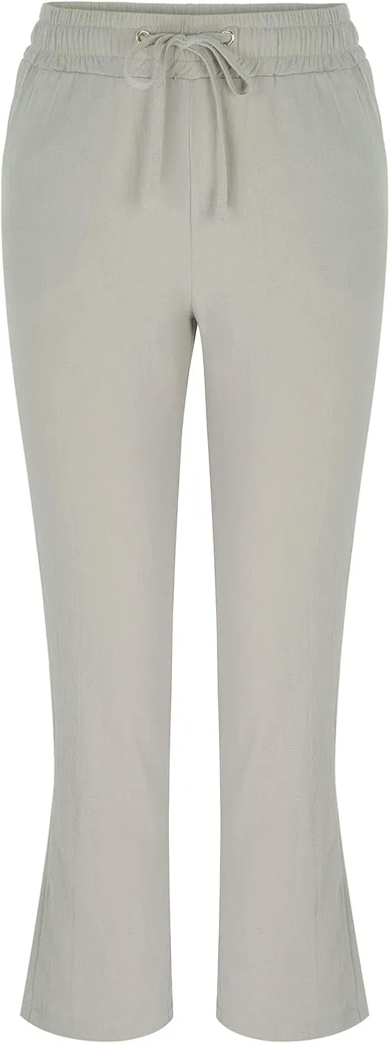 Trendy Solid Pockets Cotton Linen Pants for Women Regular Fit Drawstring Stretch Waistband Straight Leg Comfy Trousers