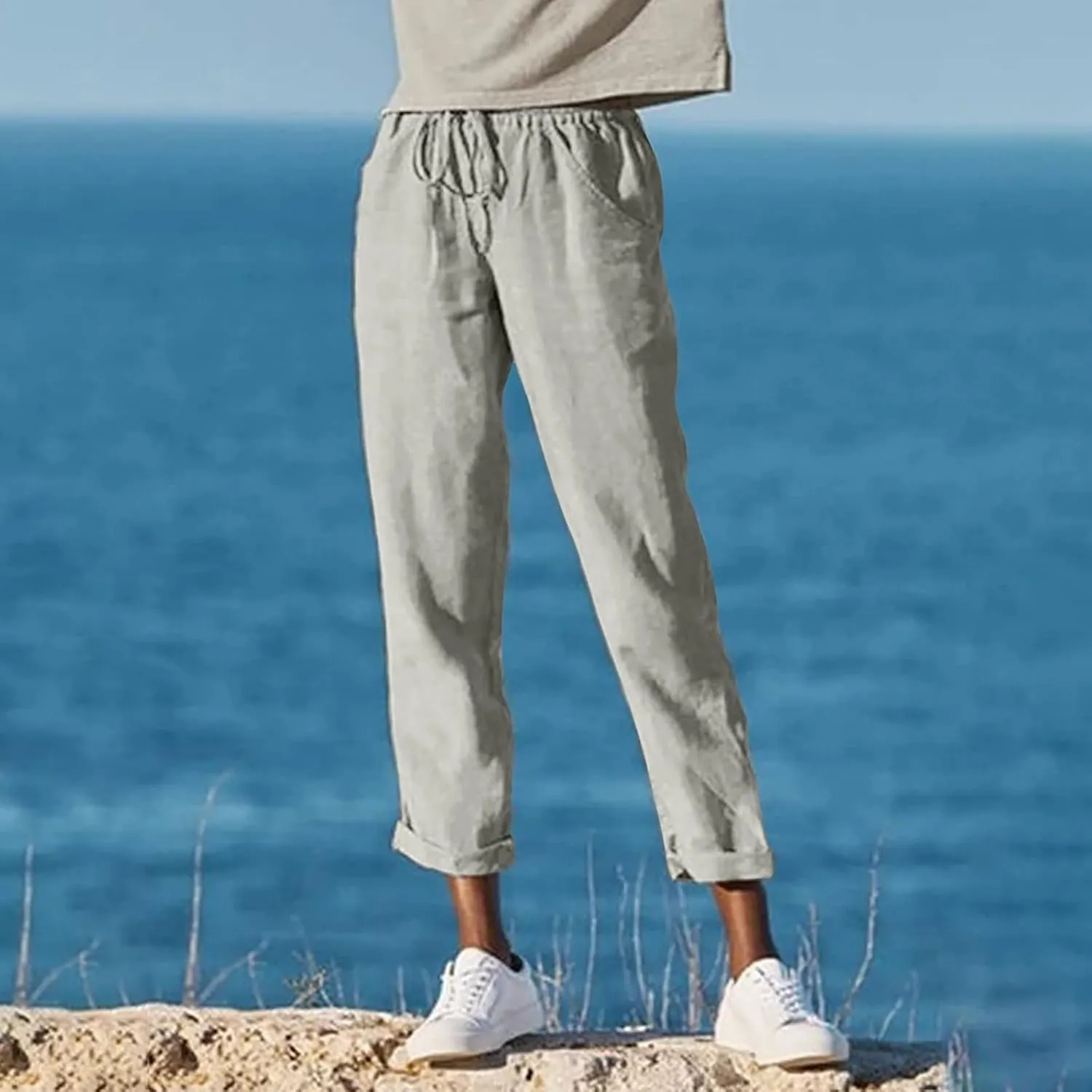 Trendy Solid Pockets Cotton Linen Pants for Women Regular Fit Drawstring Stretch Waistband Straight Leg Comfy Trousers