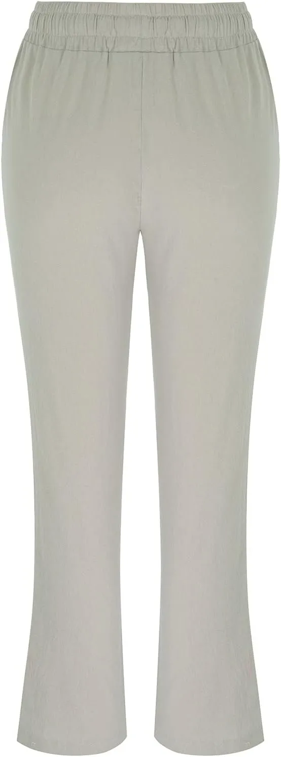 Trendy Solid Pockets Cotton Linen Pants for Women Regular Fit Drawstring Stretch Waistband Straight Leg Comfy Trousers