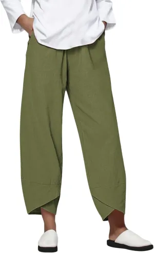 Trendy Summer Capri Pants for Women Cotton Linen Loose Fit Elastic Waisted Wide Leg Cropped Lounge Trousers Army Green