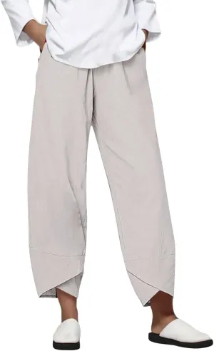 Trendy Summer Capri Pants for Women Cotton Linen Loose Fit Elastic Waisted Wide Leg Cropped Lounge Trousers Beige