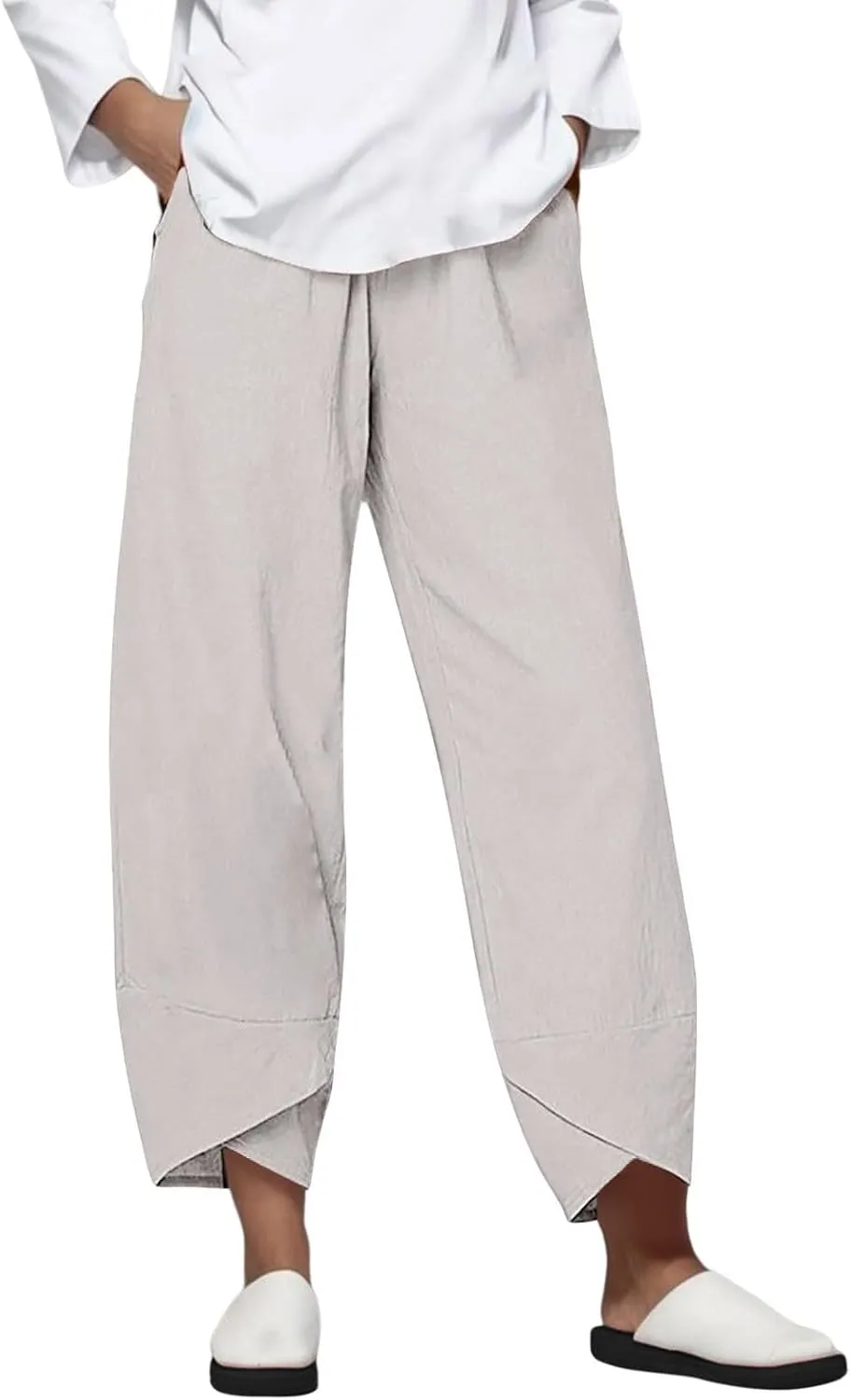 Trendy Summer Capri Pants for Women Cotton Linen Loose Fit Elastic Waisted Wide Leg Cropped Lounge Trousers Beige