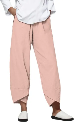Trendy Summer Capri Pants for Women Cotton Linen Loose Fit Elastic Waisted Wide Leg Cropped Lounge Trousers Light Pink