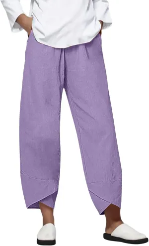 Trendy Summer Capri Pants for Women Cotton Linen Loose Fit Elastic Waisted Wide Leg Cropped Lounge Trousers Purple