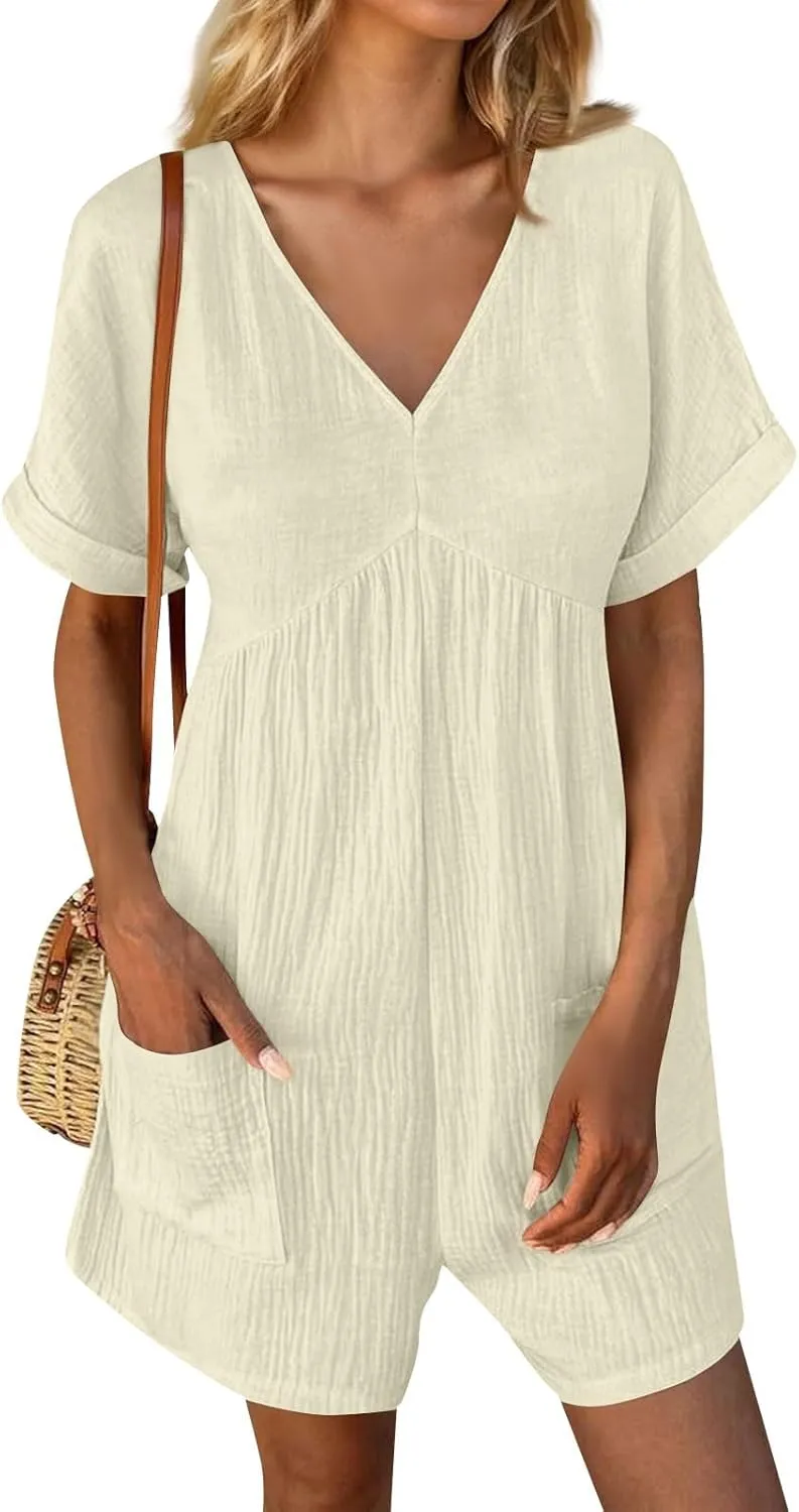 Tshirt Rompers for Women Baggy Short Sleeve Romper Onesie Jumpers Comfy Linen Beach Travel Vacation Shorts Jumpsuit
