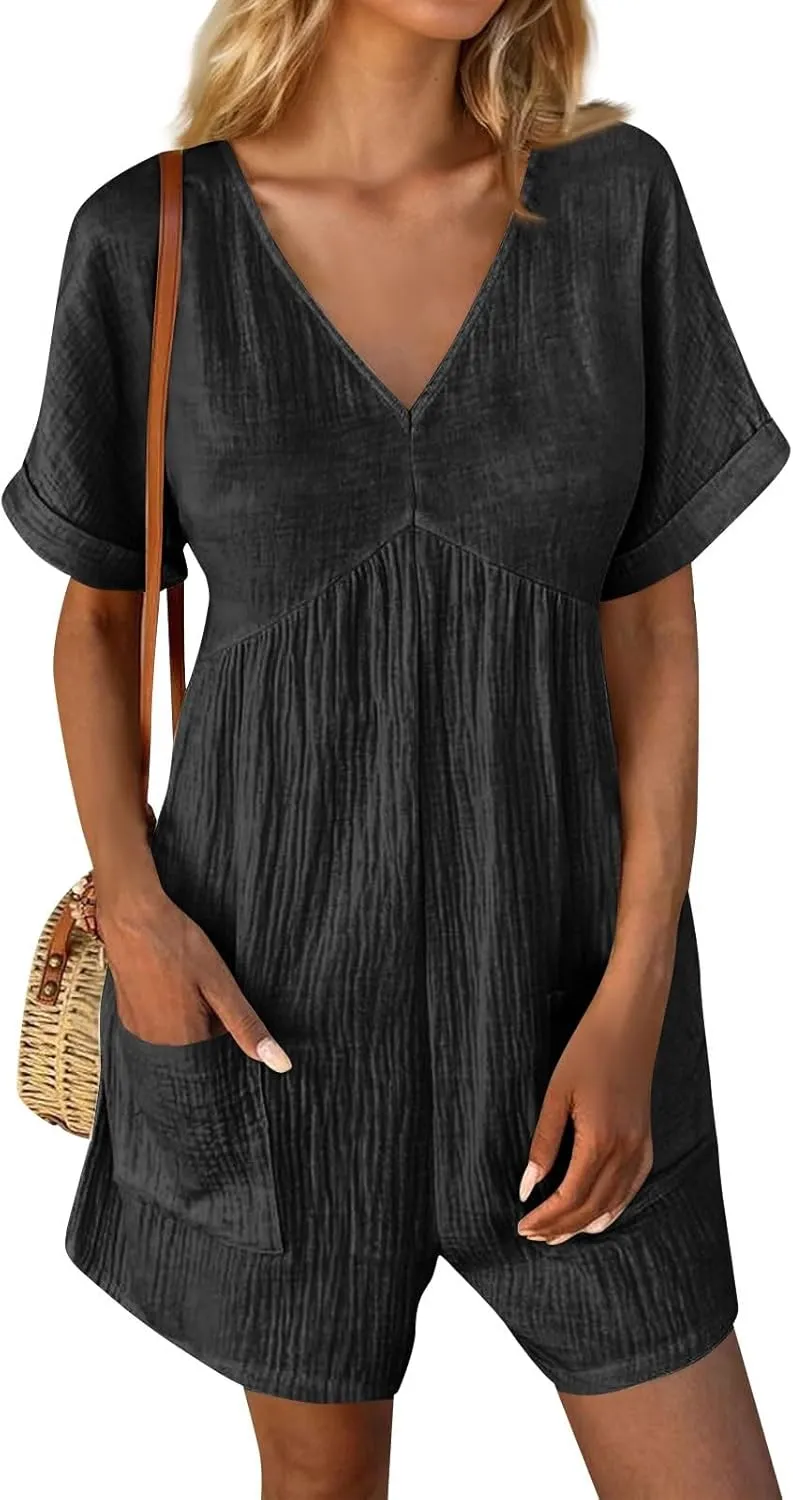 Tshirt Rompers for Women Baggy Short Sleeve Romper Onesie Jumpers Comfy Linen Beach Travel Vacation Shorts Jumpsuit