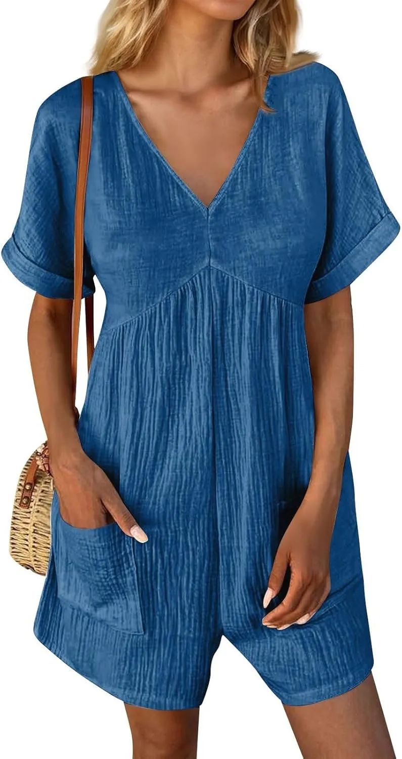 Tshirt Rompers for Women Baggy Short Sleeve Romper Onesie Jumpers Comfy Linen Beach Travel Vacation Shorts Jumpsuit