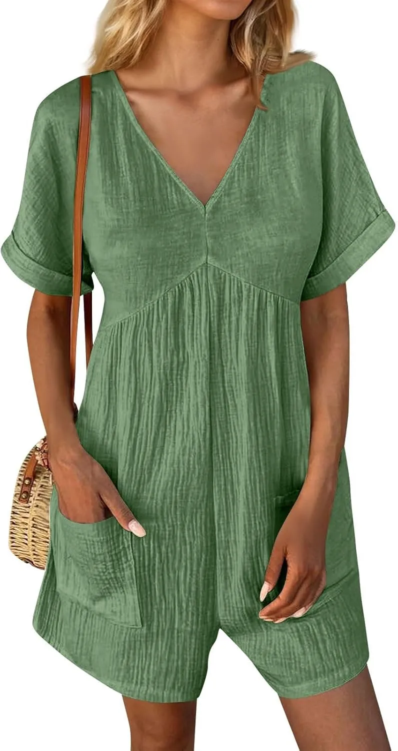 Tshirt Rompers for Women Baggy Short Sleeve Romper Onesie Jumpers Comfy Linen Beach Travel Vacation Shorts Jumpsuit