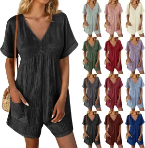Tshirt Rompers for Women Baggy Short Sleeve Romper Onesie Jumpers Comfy Linen Beach Travel Vacation Shorts Jumpsuit