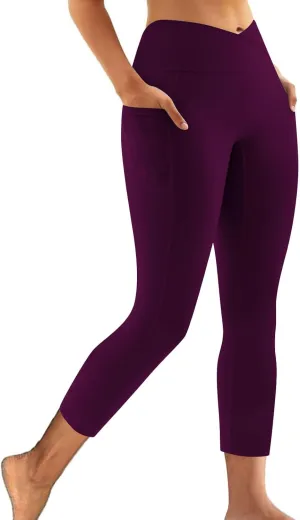 Tummy Control Leggings for Women Workout Compression Yoga Pants V Crossover High Waist Crop Pants with Pockets
