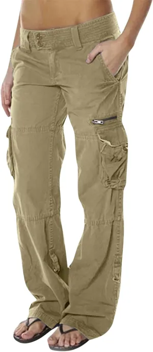 Twill Tactical Active Cargo Pant with Multi Pockets for Women Casual Loose Zip Straight Leg Combat Military Trousers